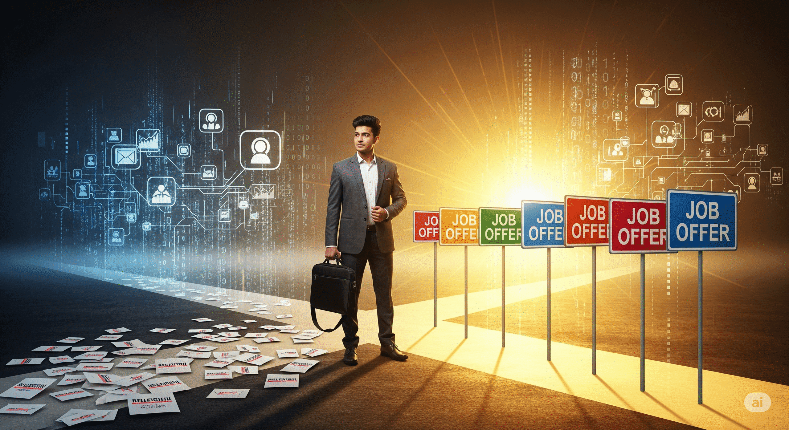 Career switch to IT visual showing young Indian man choosing path of success with multiple job offers, leaving behind rejection letters; tech elements in background represent coding and interviews