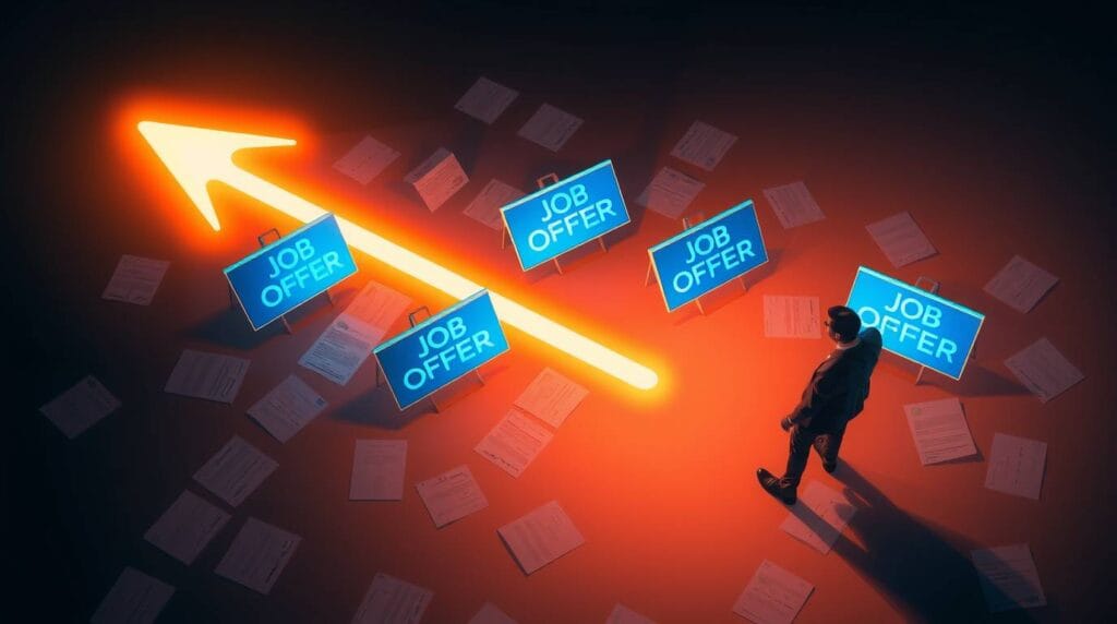how i negotiated Man surrounded by multiple job offers walking toward success with glowing arrow path, symbolizing career switch and breakthrough in job search."