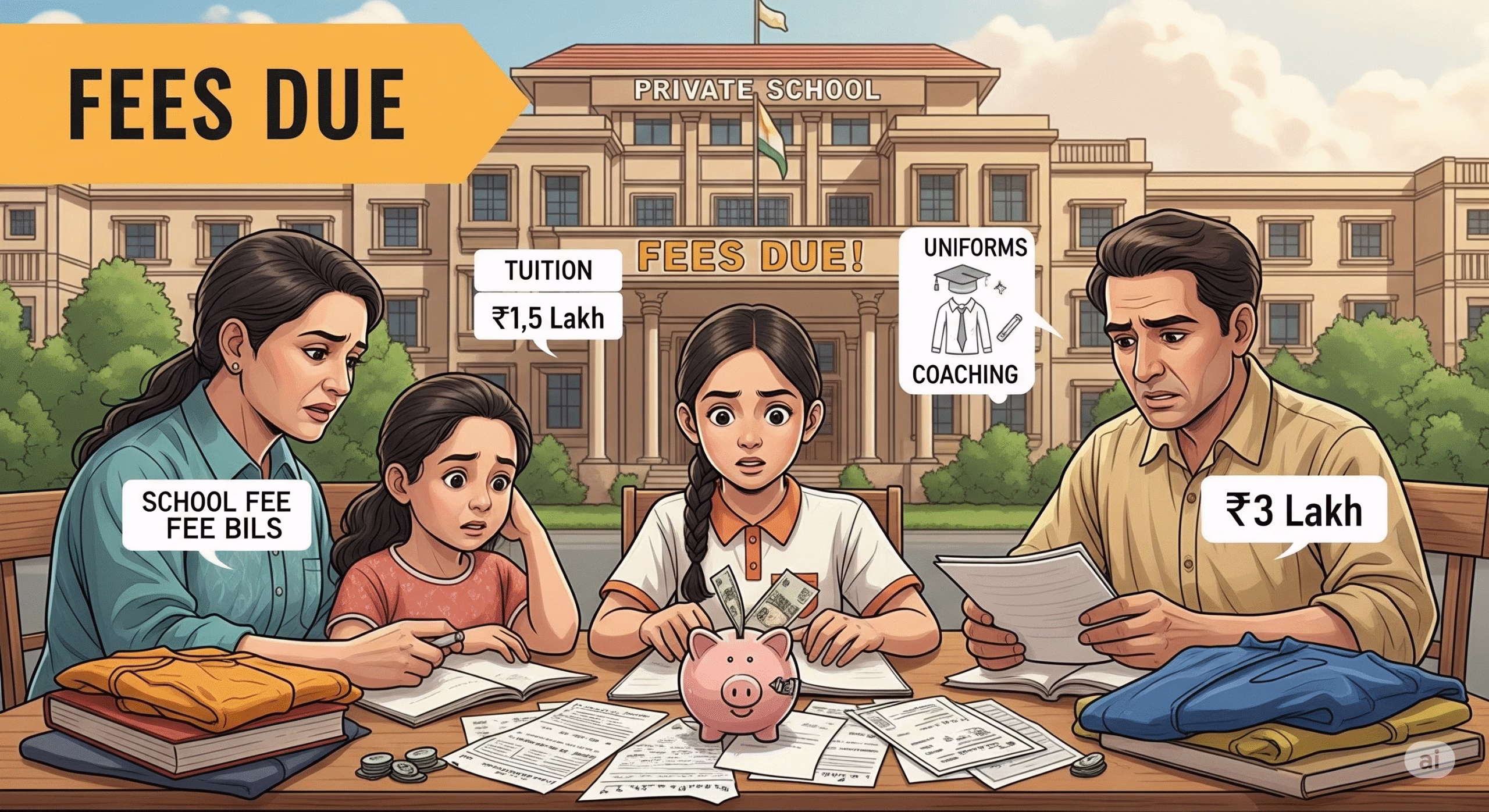 Rising School Fees in India: 5 Shocking Truths About Hidden Costs Draining Parents. 14 Realistic Indian home setting (modest, middle-class vibe).